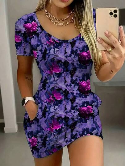 水彩牡丹印花收腰连衣裙，宽松短袖修身半身裙，新款艺术风性感连衣裙