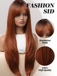 28 Inch 1 Piece Synthetic Heat-Resistant Straight Hair Dirty Orange Bangs Layered Middle Part Synthetic Wigs,Comfortable Natural Bend Women Synthetic Wigs Chemical Fiber Wig Long Straight Wigs Layered Middle Part Wigs Suitable For Summer Daily Parties, Costume Parties, Music Festivals, Holidays, Daily Wear, A Practical Gift For Girls - Dirty Orange - View 2