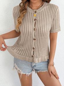 Women's Casual Vacation & Daily Striped Ruffle Trim Round Neck Short Sleeve Knit Cardigan, Spring/Summer - Khaki - View 6