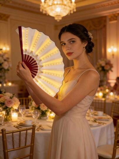 可折叠发光扇，可折叠设计，带电子灯光效果。适用于营造氛围、派对表演道具和时尚发光扇。是线上酒吧、派对、婚礼和其他需要营造氛围的场合的理想之选。