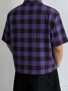 Camisa casual de manga corta con estampado de cuadros para hombres - Morado - Ver 3
