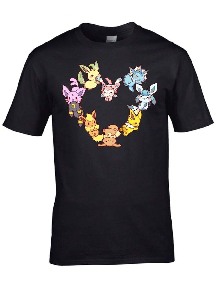 Casual And Simple Patterned Round Neck Short-Sleeved Fitted Women's T-Shirt, Eevee Evolution Heart T-Shirt, Dream Evolution T-Shirt, Suitable T-Shirt, Eevee Evolution Youth T-Shirt, Gift For Anime Lovers, Suitable For Adults And Children, 220g Thick Cotton, Spring And Summer Top, Loose Fit T-Shirt, Machine Washable, Pullover Shirt, Retro Hip-Hop Style, Street Style, Seasonal Clothing, Breathable Material, Unisex For Holidays. - 黑色 - 查看 1