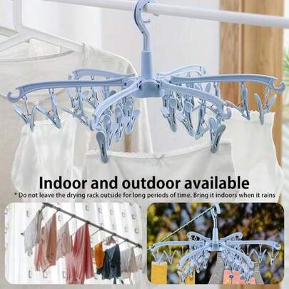 可折叠塑料晾衣架，带24个夹子，可旋转晾晒内衣，方便整理衣物，高效收纳，便携式紧凑设计，适用于室内卧室、浴室、厨房等场所的衣物晾晒。