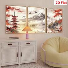 3幅日式风景帆布墙画装饰画 - 复古风景油画和红庙无框高清海报,适用于卧室、客厅、家庭办公室装饰 - 日本風景畫 - 查看 3
