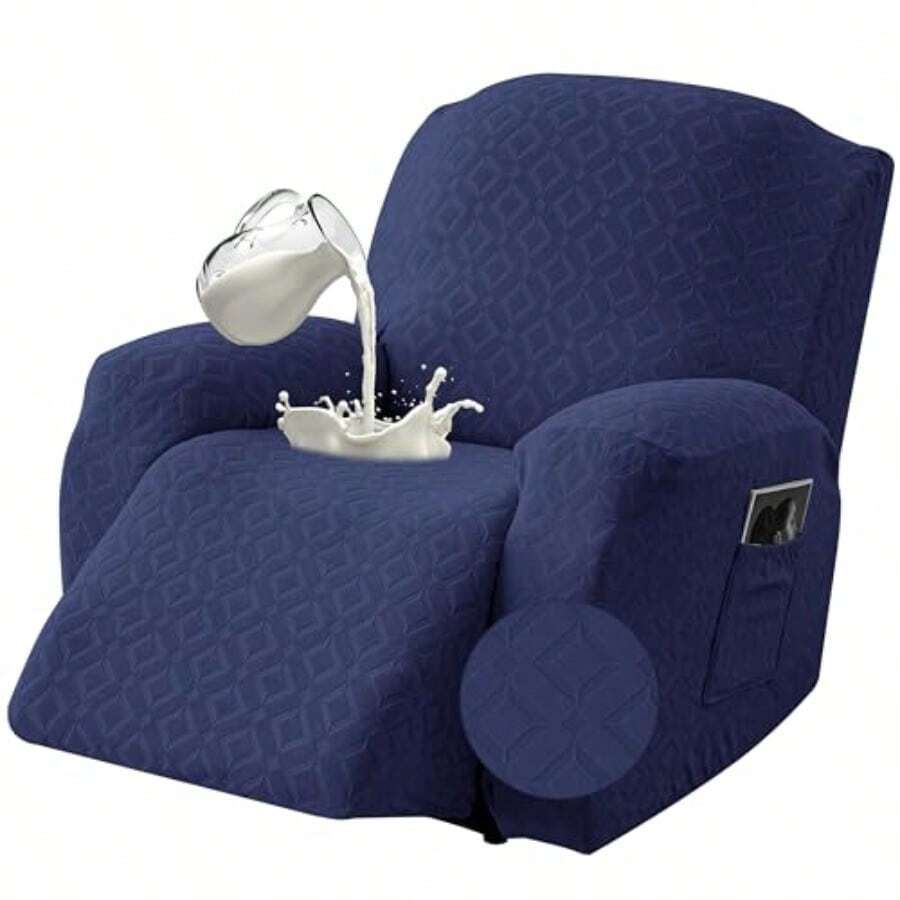 Genina Funda impermeable para silla reclinable fundas elásticas para sofá reclinable con bolsillos fundas lavables para silla reclinable Lazy Boy protector de sofá a prueba de fugas para niños - Azul marino - Ver 1