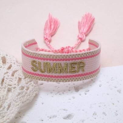 سوار مصنوع يدويًا بطراز بوهيمي مطرز بكلمة "صيف" بطريقة عتيقة، مناسب للعائلة والأصدقاء والطلاب والسفر والحفلات