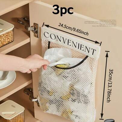 3个装节省空间网状收纳袋，可扩展弹性壁挂式网状整理袋，带魔术贴绑带 - 多功能网袋，节省空间，适用于厨房、塑料袋、夹子、橱柜门、收纳篮等。