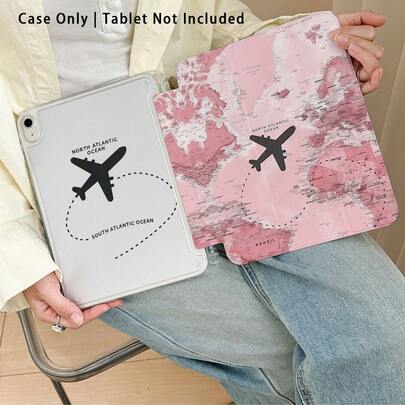 彩色亚克力水晶平板保护套，带支架，兼容三星 A9/A9+/S9/S9FE/A11/A11+/S11/S10 FE/S10 FE+/S10 Lite 和苹果 A16 2025、Air 11/13、M3 2025、Mini 7 A17、Pro 2024、Air 11/13、M2 2024、Pro 11/13，以及其他热门机型，例如荣耀等。采用飞机和世界地图图案，可折叠且防弯折，边角采用硅胶加固。