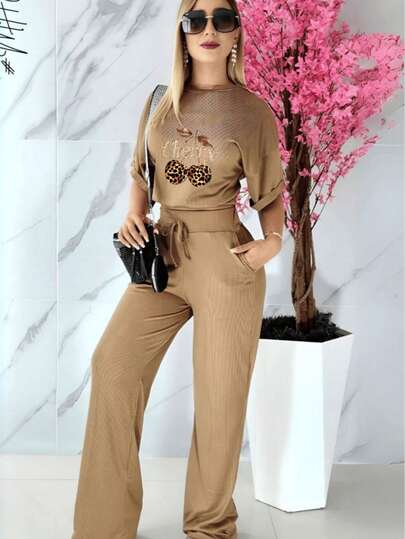 Camiseta de cuello redondo y mangas estilo murciélago y pantalones con cordón en la cintura, ideal para otoño - verano- invierno, comodo, tiro alto, bonito, comodo, casual, informal, oficina, calle, regalo,