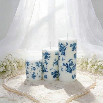 1pc/3pcs Blue & White Ceramic Large Cylinder Candles, Colorful Decorative Cylinder Candles, 1.97 Inch Diameter Cylinder Candles, Smokeless Soy Wax Candles, Candle Decor, Candle Decoration Set, Suitable For Home Decor, Bedroom Decor, Holiday Decor, Party Decor, Gathering Decor, Photography Props, Creating Romantic Atmosphere, Wedding Decor, Wedding Gift, Women Gift, Souvenir