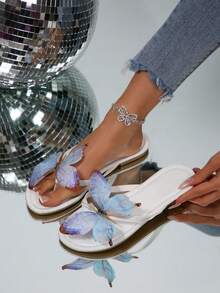 Dép xỏ ngón đế bằng kiểu Pháp thanh lịch mùa hè 2026 dành cho nữ, kiểu dáng thời trang đa năng, thích hợp cho kỳ nghỉ, dễ dàng phối cùng váy đầm. - Màu xanh nhạt - Xem 2