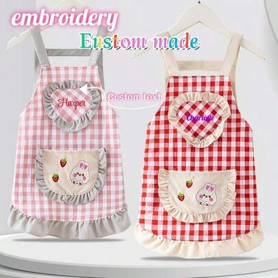 Personalized Name Apron, Cute Plaid Rabbit Design With Ruffle Hem, Waterproof And Oil-Resistant Apron For Kitchen Cooking, Outdoor Camping And BBQ
