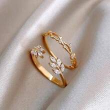 1 Set de Anillo Abierto de Piedra y Hoja de Estilo de Gato Elegante y de Lujo - Dorado - Ver 3