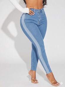 Women's Contrast Panel Casual Skinny Jeans With Pockets, Slim Fit Denim Pants, Versatile For All Seasons Vacation - Blue - View 3