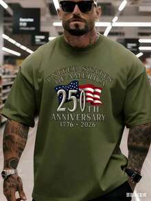 Men's 250th Anniversary Commemorative Graphic Short Sleeve T-Shirt, Soft Breathable Fabric Loose Fit Casual Tee, 180g Fashion Tops -4th Of July - 綠色 - 查看 3