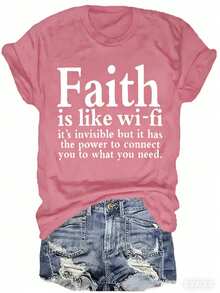 1 Piece Women's T-Shirt Casual Faith Like Wi-Fi Printed T-Shirt, 100% Cotton Short Sleeve Round Neck, Regular Plus Size All-Season T-Shirt, 180g - More Colors Christian Clothing, Jesus Sweatshirt, Faith-Based T-Shirt, Christmas Christian Faith T-Shirt-Summer Tops For Women - Hồng - Xem 1