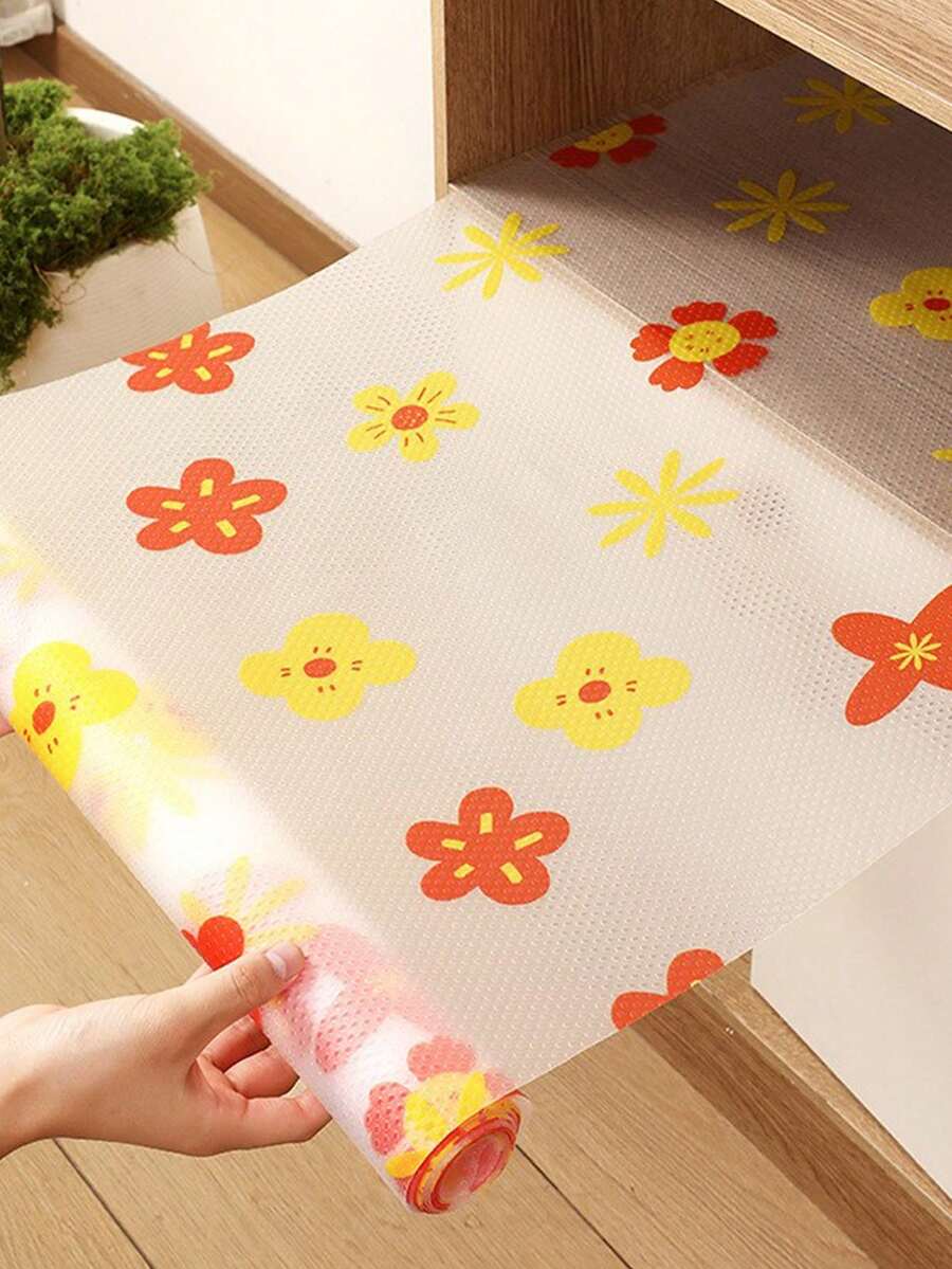 1pc Transparent Red & Yellow Printed Kitchen Cabinet Shelf Liner, EVA Waterproof Non-Slip Drawer Mat, Thick & Easy-To-Clean Drawer Pad Suitable For Drawers, Refrigerators, Cabinets And Kitchens - Multicolor - View 1