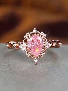 Vanel 1 pieza Anillo elegante de oro rosa con corte de pera y circonita cúbica rosa para mujer, diseño de banda retorcida de filigrana, joyería de moda para mujer, regalo de joyería elegante para ella para uso diario y fiesta - Amarillo dorado-multicolor - Ver 4