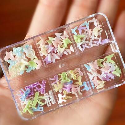 1 Box Of 6 Small Grid Spring And Summer Styles, Small-Sized Butterflies, Bow Nail Art Decorations, Mixed Styles, DIY, Suitable For Women's Nail Accessories, Nail Products, Nails Charm, Ribbon Nail Art
