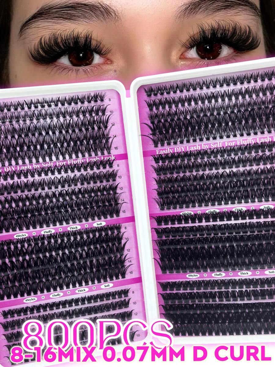 800pcs Cluster False Eyelashes Set: Includes A Mix Of 30D, 40D, 50D, 60D, 80D And 100D Styles. Made With 0.07mm Synthetic Mink Fibers, Featuring Natural Curls And Lengths Ranging From 8mm To 16mm, Suitable For Beginners. - 白色 - 查看 1