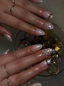 10 Pieces Handmade Almond-Shaped Press-On Nails, White Aurora Powder With Black Polka Dot Design. Hand-Painted White Base With Black Polka Dots And Handmade Silver Three-Dimensional Lines. Elegant, Romantic And Minimalist Press-On Nails, Luxurious, Sexy And Light-Luxury Nail Patches. Suitable For Daily Wear, Dates, Concerts And Business Casual Occasions. An Ideal Gift For Women And Girls. - Multicolor - View 12