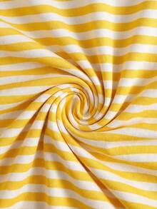 经典百搭杏色和棕色条纹优雅夏季女装，休闲圆领短袖T恤 - 黃色 - 查看 3