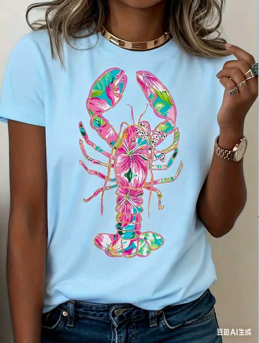 Women's Lobster Pattern T-Shirt - Soft Pink And Turquoise Coastal Print, Loose Fit, Short Sleeves, Round Neck, Lightweight And Breathable Summer Beach Party Top, Vibrant Lobster Design, Women's Casual Everyday Shirt, Machine Washable, Gift Choice (New Stylish T-Shirt) - 藍色 - 查看 1