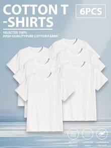 6pcs/Set Men's Round-Neck Pure Cotton Multi-Color T-Shirts, Suitable As Gifts For Friends. Available In S-3XL Sizes With Various Options. - White - View 1