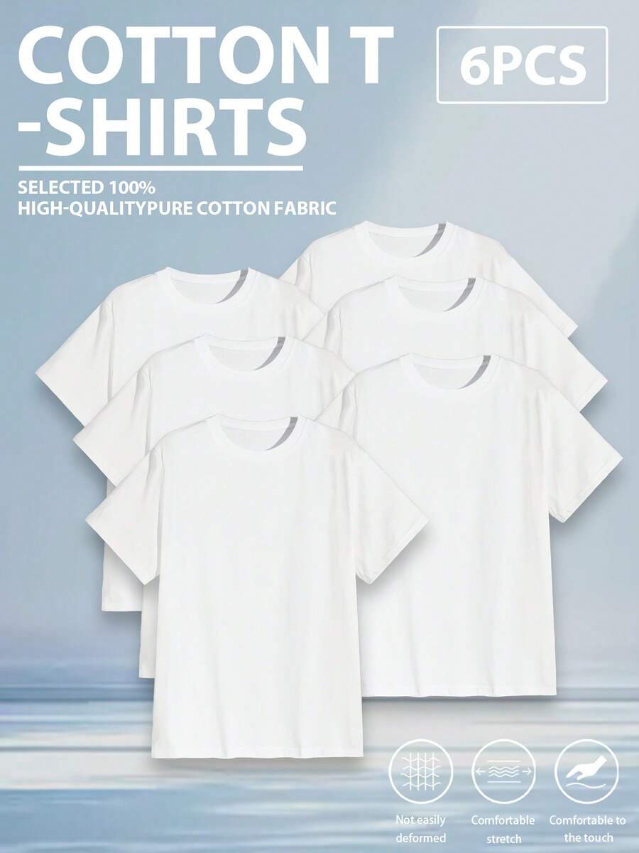 6pcs/Set Men's Round-Neck Pure Cotton Multi-Color T-Shirts, Suitable As Gifts For Friends. Available In S-3XL Sizes With Various Options. - White - View 1