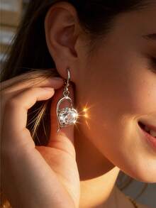 Pendientes de aro con corazón de cobre y cristal transparente, elegantes para bodas y uso diario - Plateado - Ver 2