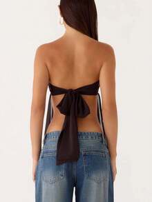 Stylish, sophisticated women's strapless top in solid-color tulle with a semi-sheer back-perfect for vacations and everyday wear. Summer clothing. - Marrón oscuro - Ver 4