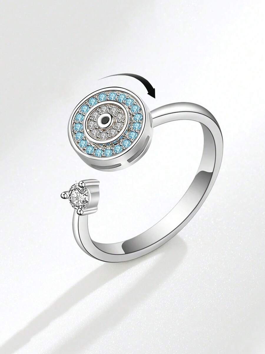 1 chiếc nhẫn xoay hình mắt quỷ có thể điều chỉnh kích thước, nhẫn Zirconia chống lo âu sáng tạo kiểu Châu Âu và Mỹ (số lượng Zirconia ngẫu nhiên) - Màu Bạc Cổ - Xem 1