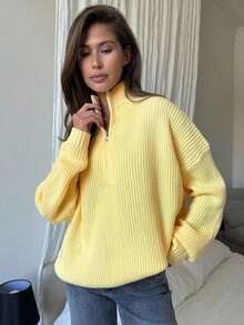 Women's Simple Ribbed Solid Color Casual Korean Textured Commuter Loose Versatile Stand Collar Zipper Half-Placket Pullover Long Sleeve Sweater, Spring/Autumn/Winter - 黃色 - 查看 3