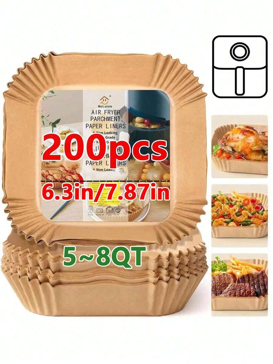 50/100/200 miếng lót nồi chiên không dầu hình vuông dùng một lần (6.3"/7.87"), lót rổ chiên không dầu bằng giấy, cốc nướng giấy, khay nướng, đĩa giấy dùng một lần, tấm lót đĩa, giấy chống dầu mỡ, phụ kiện lò nướng, dụng cụ làm bánh.