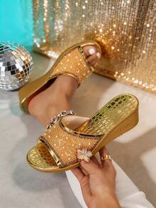 1 Pair Women's Vintage Gold Pearl Rhinestone Slip On Wedge Slides, Comfortable Open Toe Platform Sandals For Daily Wear - الذهبي - مشاهدة 1