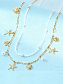 波西米亚风海星贝壳双层腰带套装 - 仿珍珠串珠身体链 - 可调节腰带 - 彩色 - 查看 6