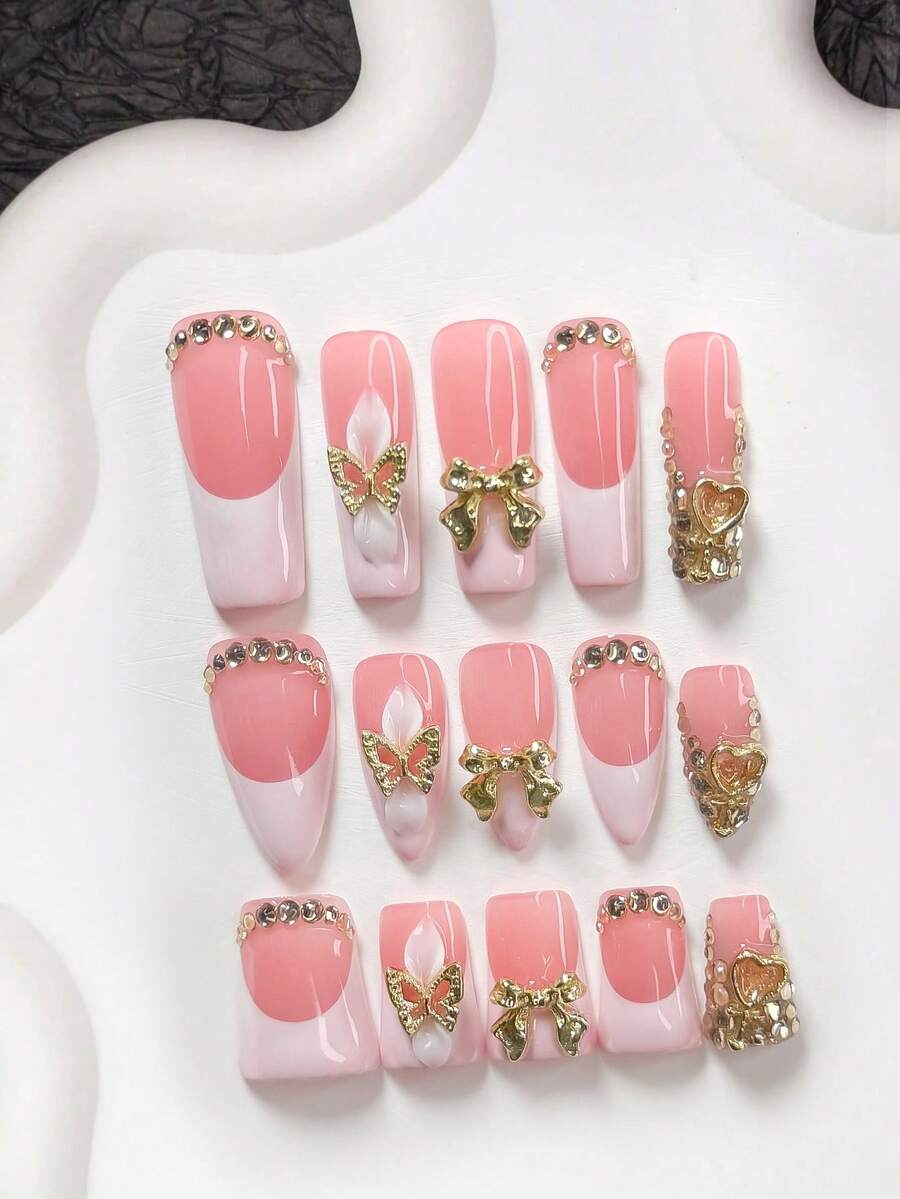 10件套轻奢甜美风手工美甲套装,凝胶美甲套装,包含蝴蝶结、蝴蝶结、爱心美甲配件和捏花瓣美甲装饰,粉白色指甲油,高端法式风格,附赠美甲工具(1张果冻贴纸+1把指甲锉),三种尺寸可选:杏仁形、鸭形、棺材形,适合聚会、日常、派对、拍照、玩乐、约会、春夏、通勤等场合。 - 彩色 - 查看 1
