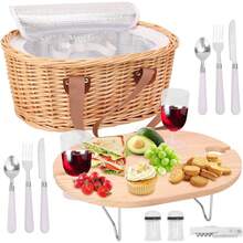Wicker Picnic Basket Set 2 With Folding Table & Insulated Cooler Bag, Includes Tableware Accessories, Oval Woven Picnic Hamper Outdoor - 2-person Picnic Basket Set - View 2