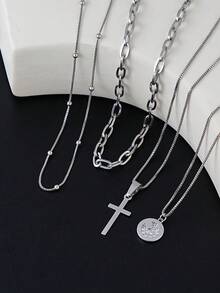 Kalung Berlapis Salib Perak dan Bulan Gaya Boho untuk Wanita, Set Kalung Choker Rantai Manik-Manik Bentuk Klip Kertas 4 Buah yang Dapat Ditumpuk, Perhiasan Keagamaan Vintage untuk Wanita - Perak - View 5