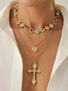 5 Pieces/Set Of Vintage Metal Sun Cross Pendant Long Necklace, Bohemian Colored Crystal Necklace, Luxurious Diamond Necklace, Suitable For Couples' Daily Wear - Multicolor - View 3