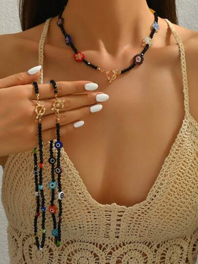 1 pieza Collar gargantilla retro dulce con hebilla OT, con cuentas de vidrio negro bohemio, ojo malvado y encanto floral para mujeres, para uso diario o vacaciones en la playa