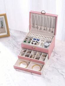1pc Large-Capacity Three-Layer Jewelry Box,[US-Based Shipping]Pu Leather Multi-Functional Jewelry Box, Watch Box With Lock, 3-Layer Large Capacity Jewelry Storage Box,For Earrings, Rings,Watches,Bracelets And Other Accessories, Organizing And Storing - 粉色 - 查看 5