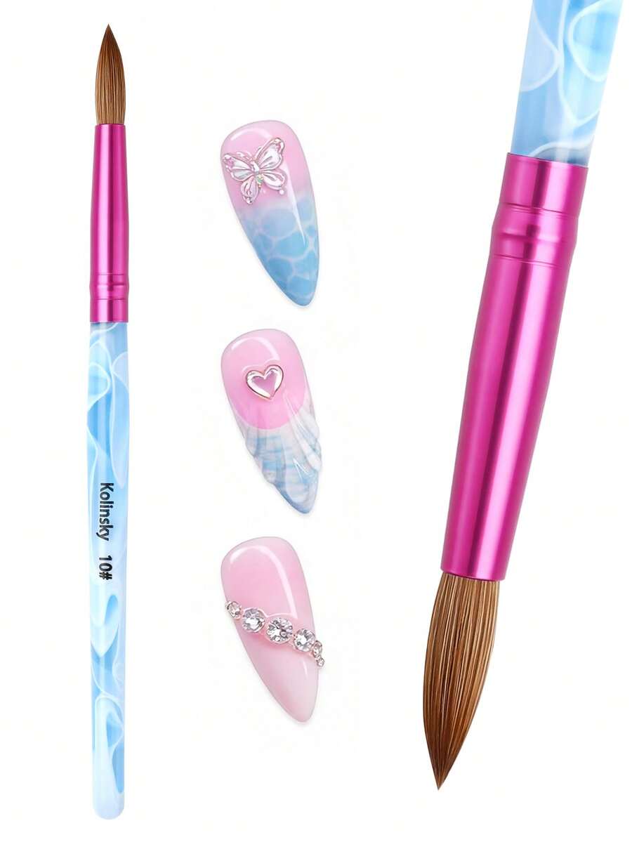 科林斯基亚克力圆形美甲刷，白色漩涡蓝色手柄粉色金属环 - 彩色 - 查看 1