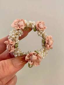 1个珍珠玫瑰花发圈，高弹力编织优质发绳，适合女孩使用 - 彩色 - 查看 6