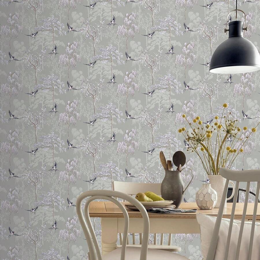 Japanese Garden Style Gray Wallpaper - Birds On A Soft Gray Background - Creating A Relaxed Atmosphere - 1PC - View 1