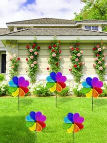 2pcs Rainbow Plastic Outdoor Garden Decor Windmill, Suitable For Spring Garden Decoration, Outdoor Lawn Decor, Colorful Rotating Windmill, Patio And Garden Decoration - Windmill - View 3