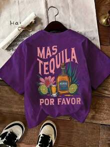 Nuevas  de moda: Camiseta casual de mujer INAWLY con estampado de hojas de limón y letras, cuello redondo, para primavera/verano, diseño Tequila Sunrise Cocktail Margarita Glass Beverage. - Gris 2 - Ver 2