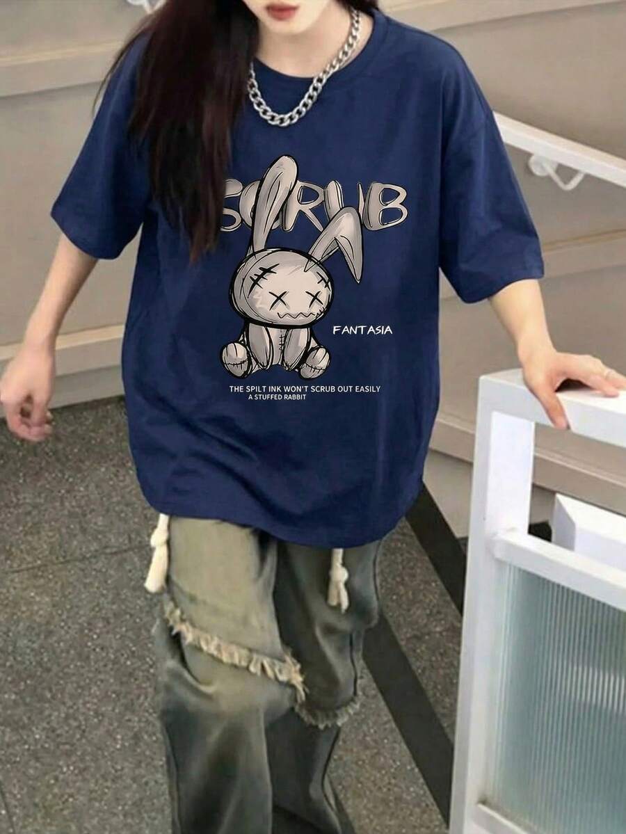 春夏新款女款獨特設計兔子印花圓領休閒百搭青少年短袖T恤