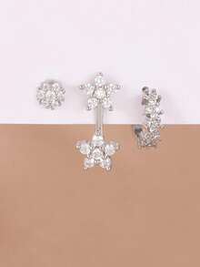 3PCS French Design Double Flower Dangle Earrings Sets For Women Unique Zirconia Hoop Earring Engagement Birthday Jewelry Gift - 3PCS-silver - View 1