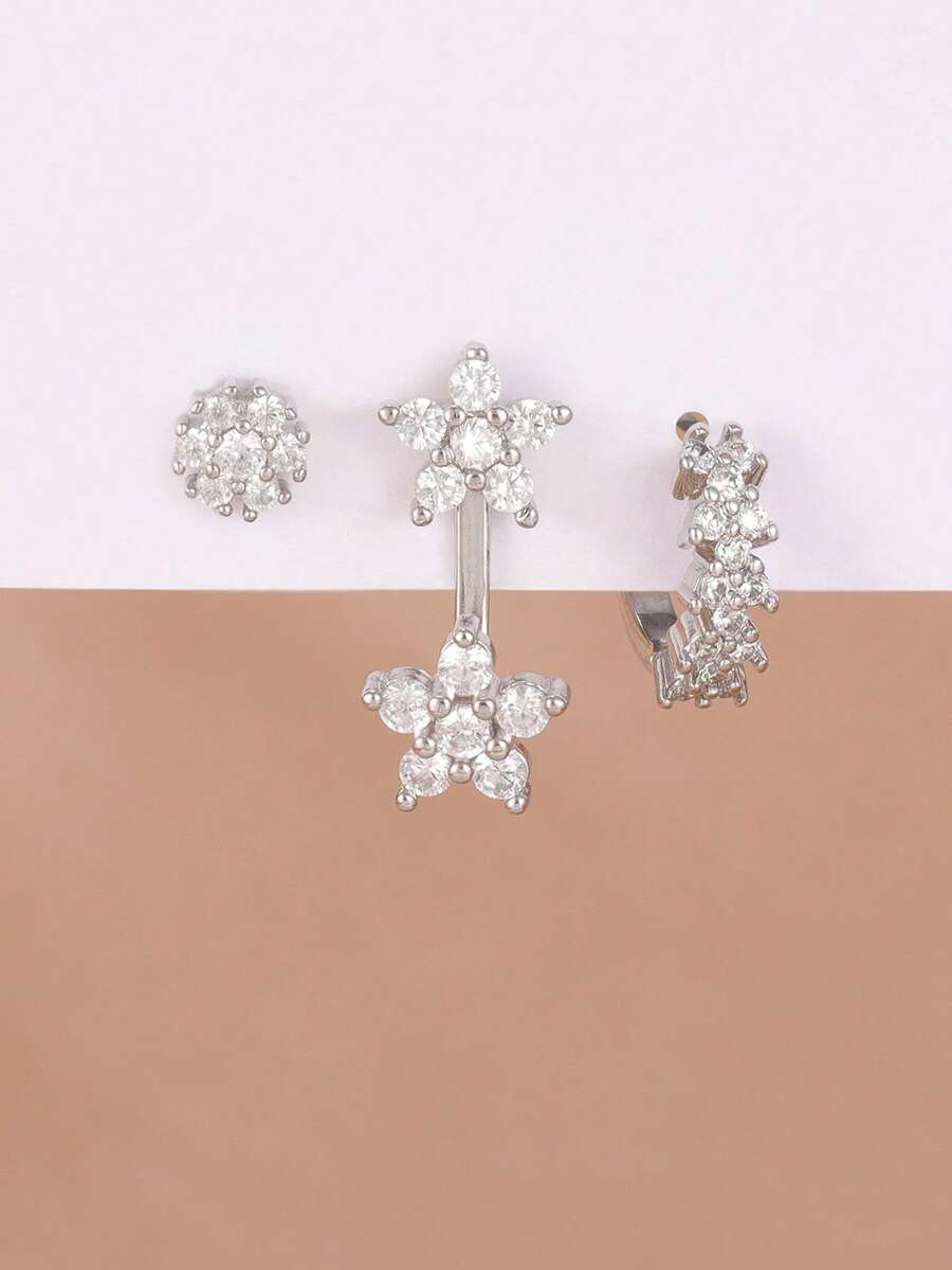 3PCS French Design Double Flower Dangle Earrings Sets For Women Unique Zirconia Hoop Earring Engagement Birthday Jewelry Gift - 3PCS-silver - View 1